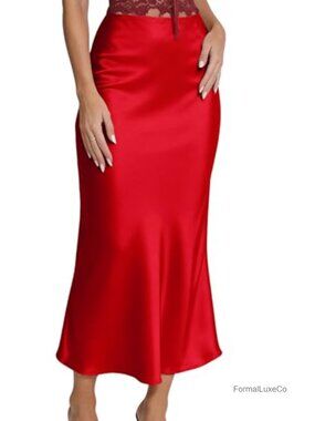 Satin Midi Skirt High Waist Elegant Cocktail Party